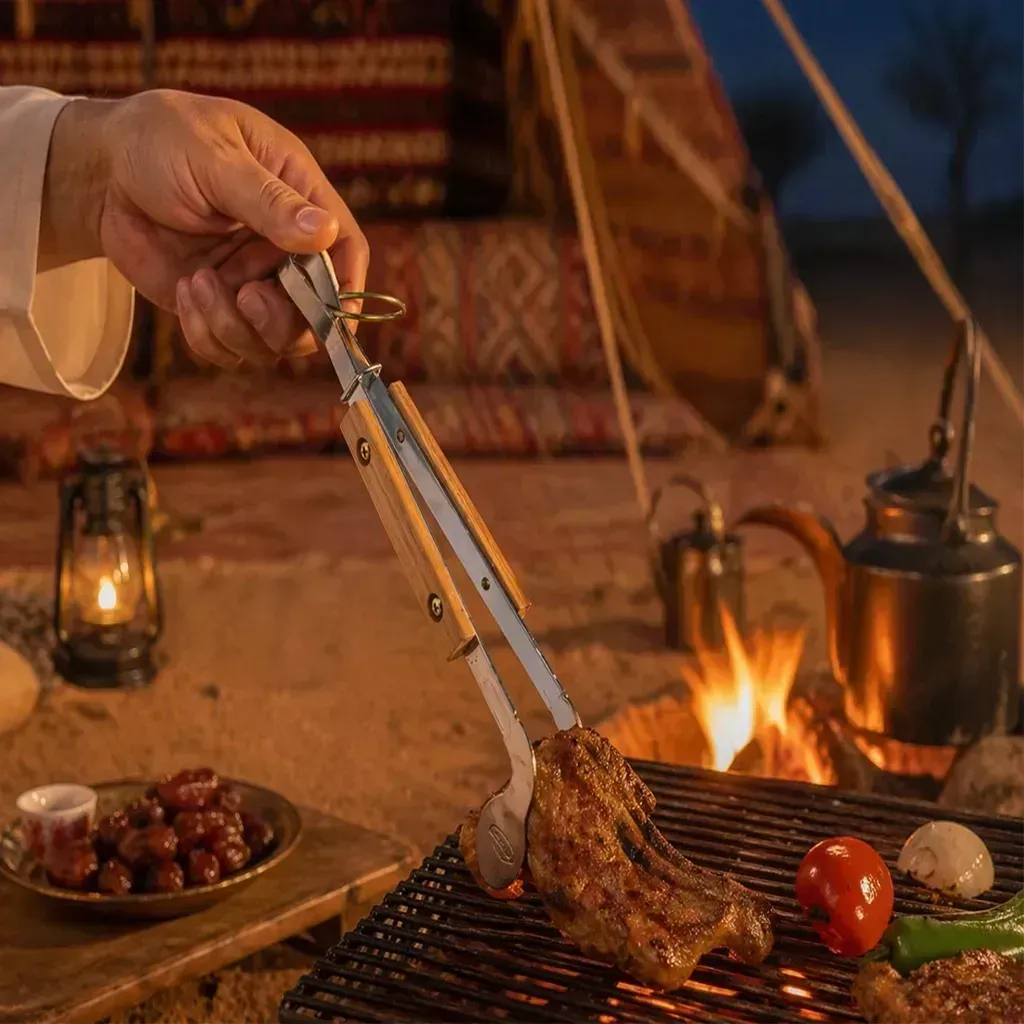 alghafa-aluminum-fire-tongs-45cm-with-wooden-handle-medium-bbq-charcoal-tongs-portable-grilling-tool