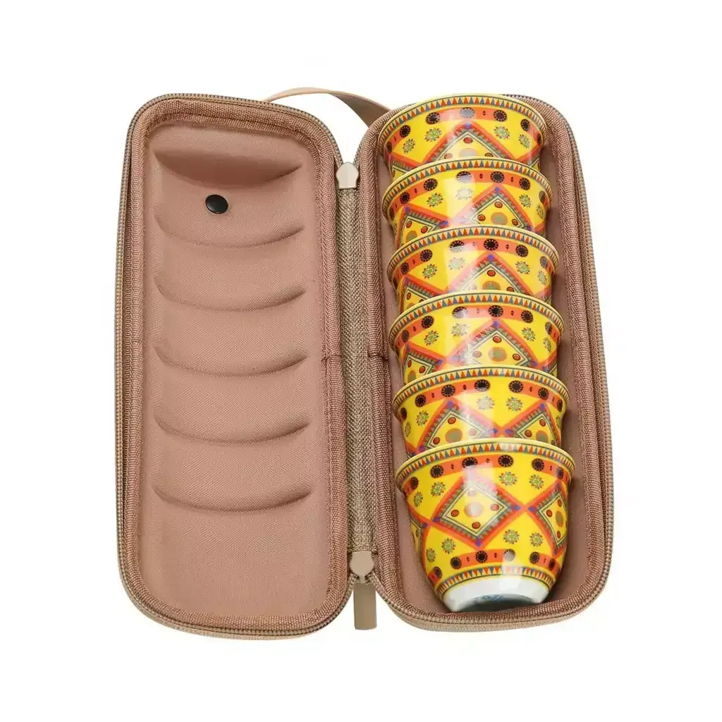 alsanidi-arabic-coffee-cup-set-with-protective-bag-6pcs-yellow-najdi-diamond-pattern-cylindrical-shockproof-case
