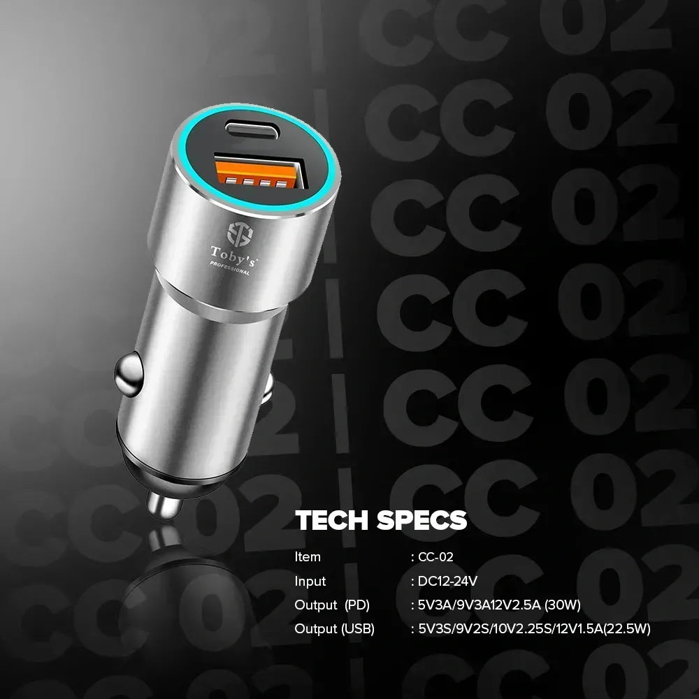 tobys-cc-02-30w-dual-port-fast-car-charger-usb-c-pd-usb-a-qc-fast-charging-adapter-universal-12v-24v-vehicle-charger