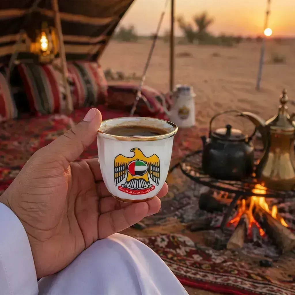 طقم فناجين قهوة عربية الغافة 80 مل – شعار دولة الإمارات – 12 قطعة سيراميك