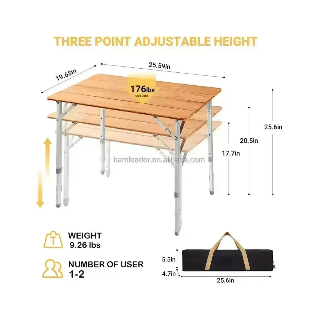 Foldable Bamboo Camping Table – 100*60*65 cm -Adjustable Height Outdoor Table – Portable Premium Picnic Table – ALGHAFA