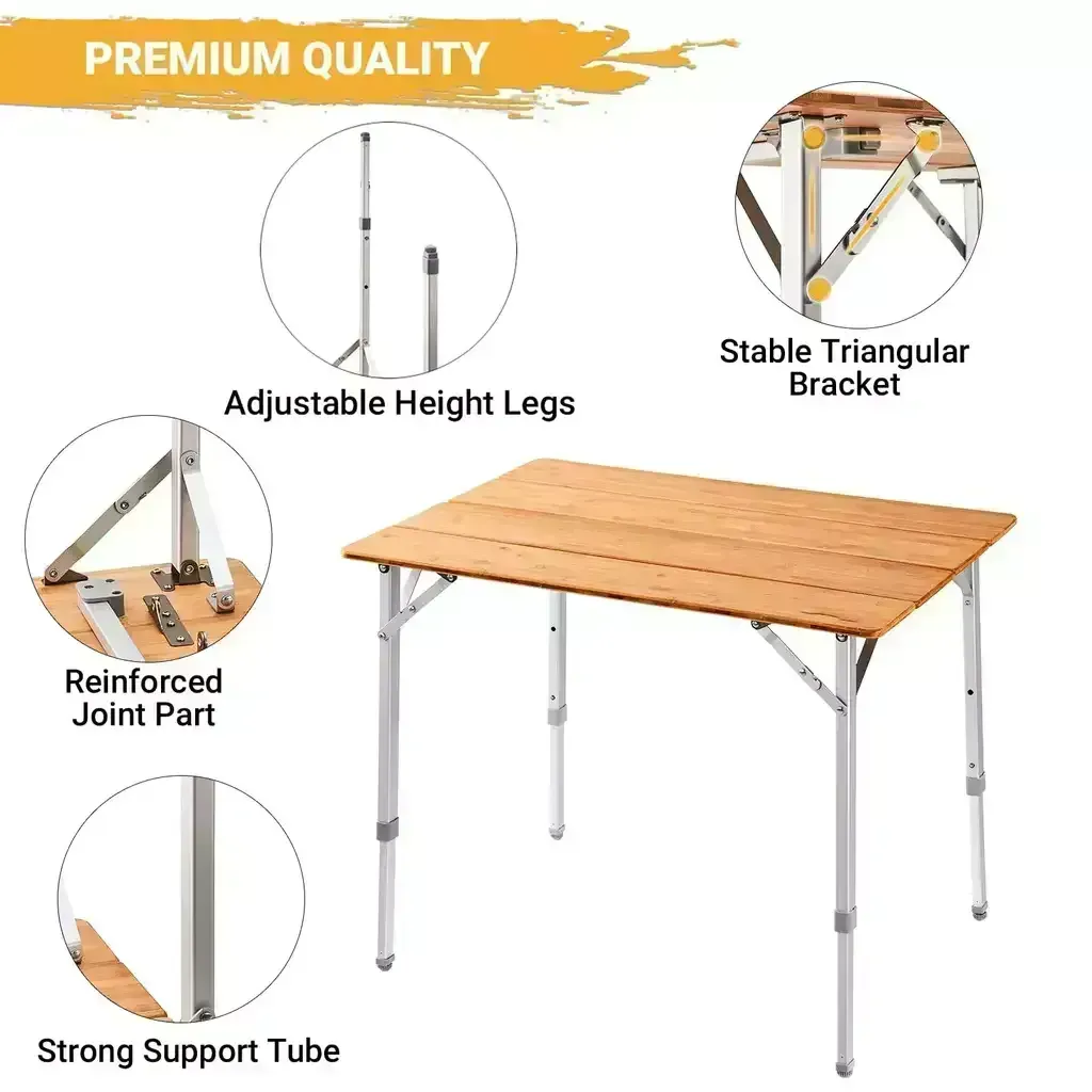 Foldable Bamboo Camping Table – 100*60*65 cm -Adjustable Height Outdoor Table – Portable Premium Picnic Table – ALGHAFA