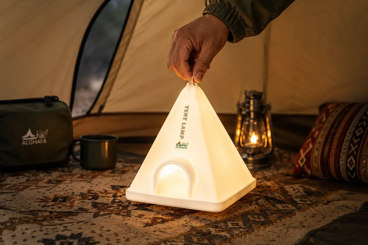 Tent-Shaped Rechargeable Camping Lantern – Adjustable 6-Level LED Light with White & Yellow Colors – 1200mAh Battery – IPX4 – ALGHAFA