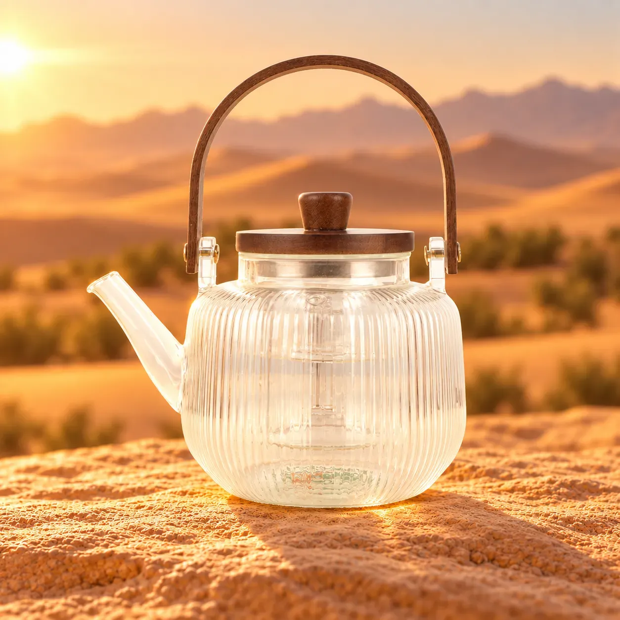 إبريق شاي زجاجي بغطاء ومقبض خشبي – مقاوم للحرارة – إبريق تقديم أنيق 1 لتر – الغافة