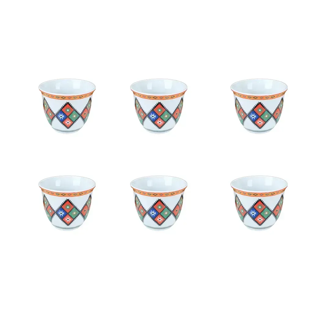 ALGHAFA Arabic Coffee Cups Set – Asiri Pattern Design – 180ml Ceramic Coffee Cups (6 Pieces Set)