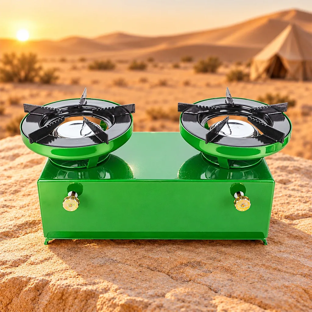 Al Ghafa PKL GST07 green double burner camping gas stove with cookware supports and independent flame control knobs