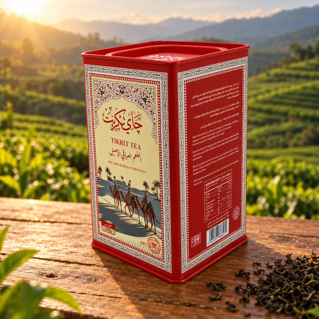 شاي تكريت OP1 290 جرام علبة معدنية حمراء بتصميم الجمال والصحراء