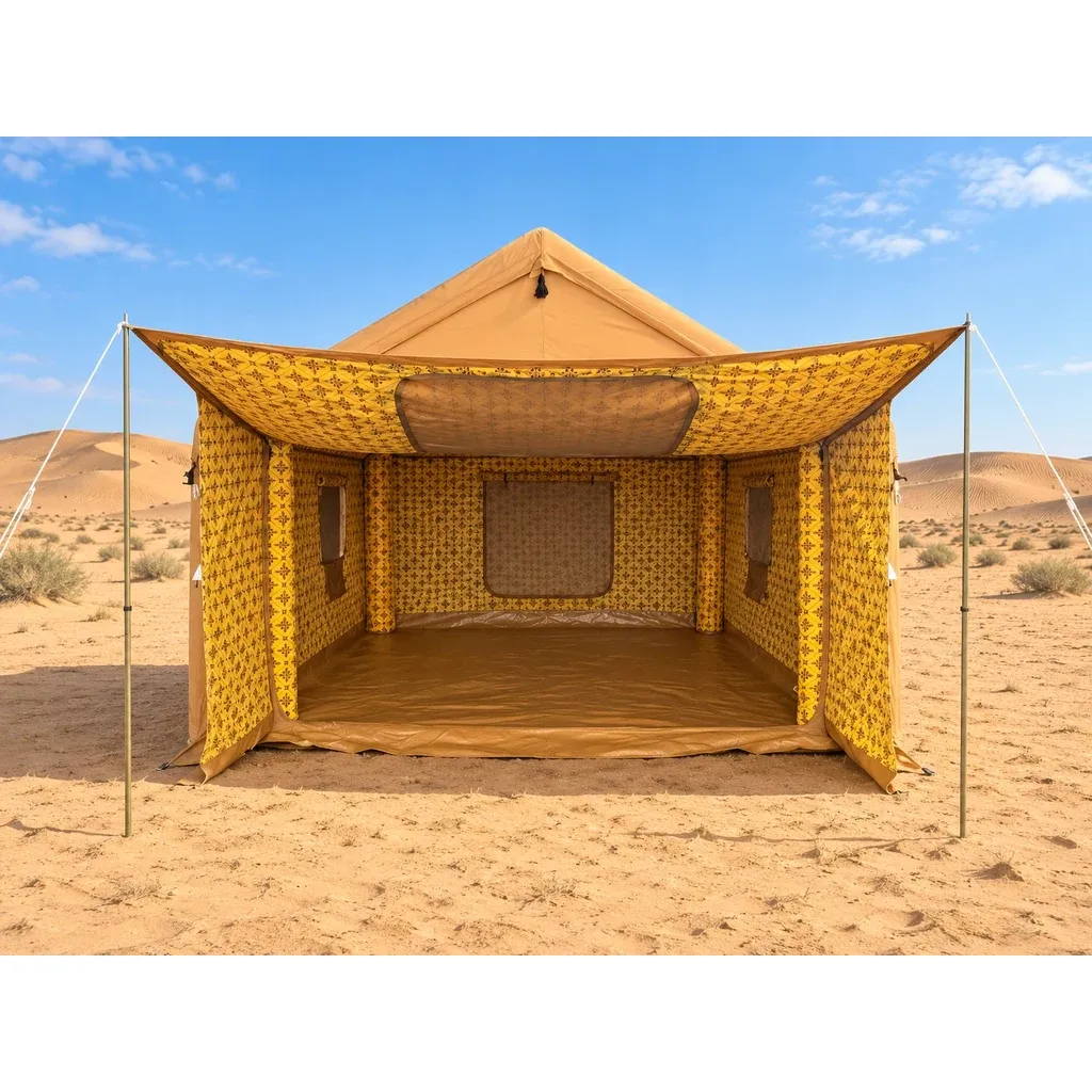 Alghafa Air Tent GAT01 inflatable cotton tent with patterned interior in the desert