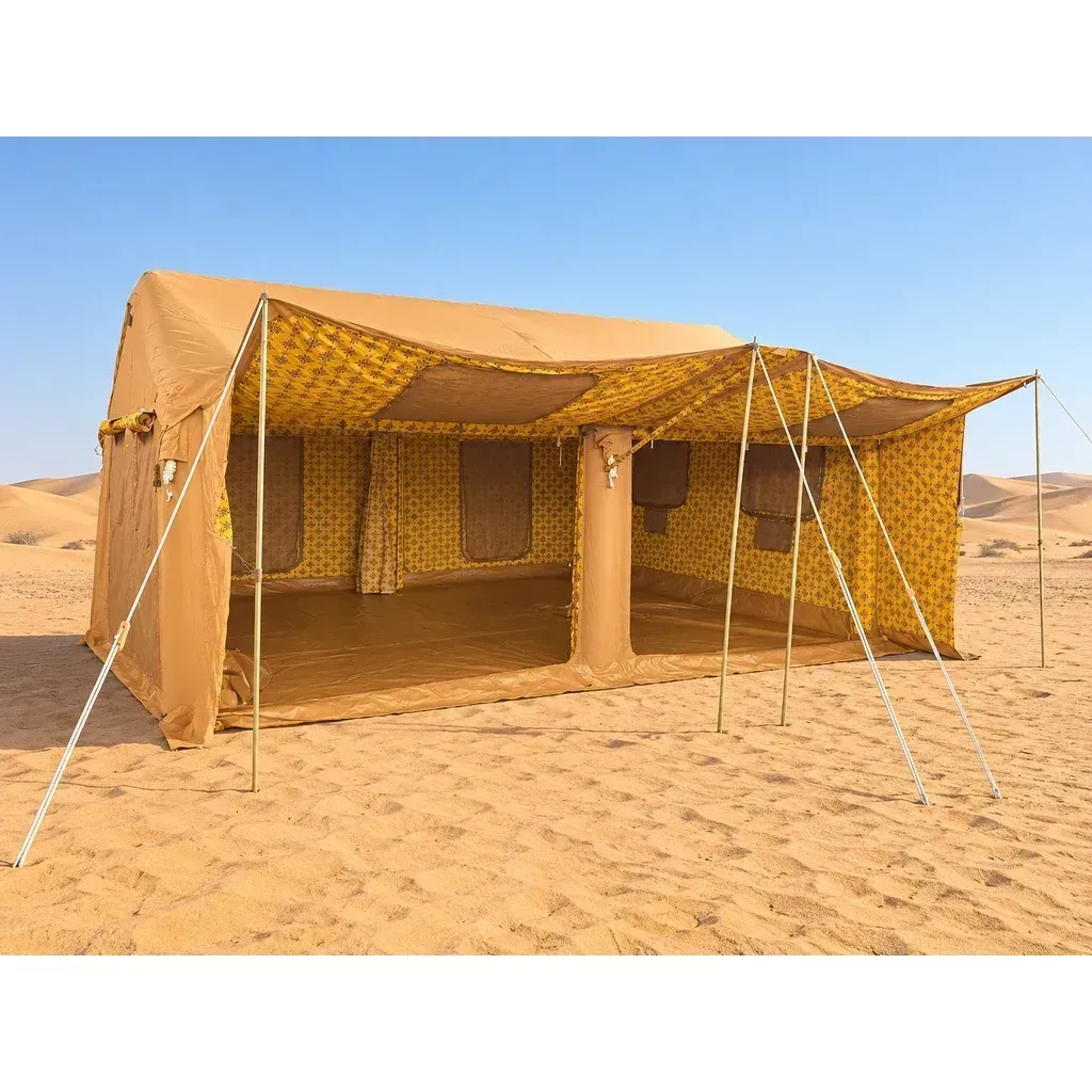 Alghafa Air Tent GAT02 large inflatable cotton tent with patterned interior in the desert
