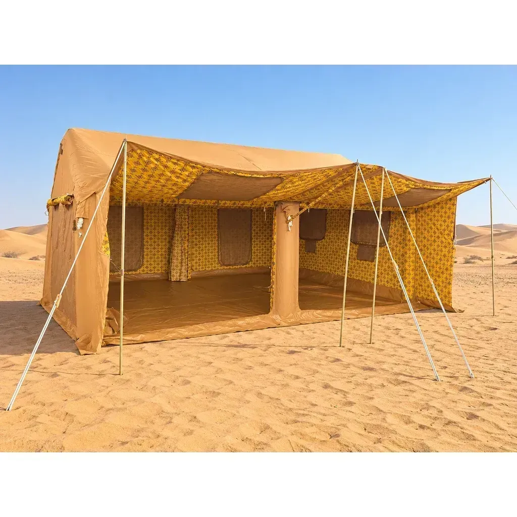 Alghafa Air Tent GAT02 large inflatable cotton tent with patterned interior in the desert