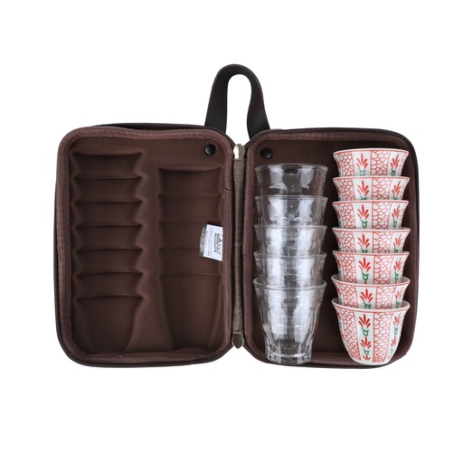 [SNB-0039W-C2]  Ghafah Bag 5 Teacups 85ml and 7 Coffee cups 80ml wooden dark/Red Palm Pattern