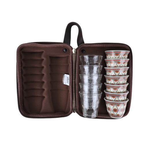 [SNB-0039W-C3]  Ghafah Bag 5 Teacups 85ml and 7 Coffee cups 80ml wooden dark/Najdi white