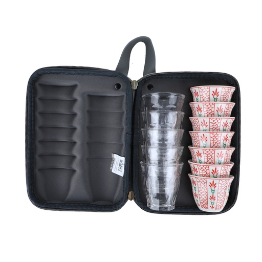 [SNB-0039W-D2] Ghafah Bag 5 Teacups 85ml and 7 Coffee cups 80ml Gray/Red palm